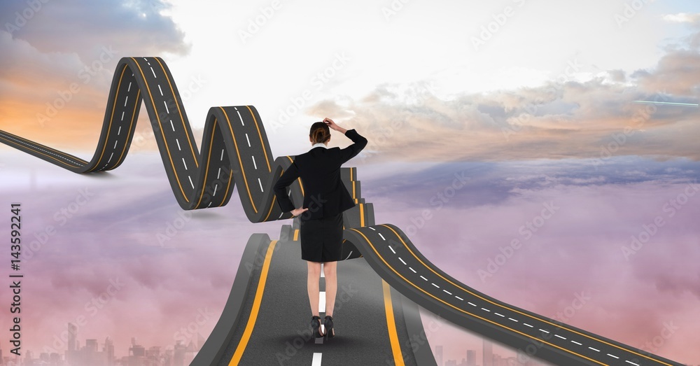 Digitally generated image of  businesswoman on wavy road in sky