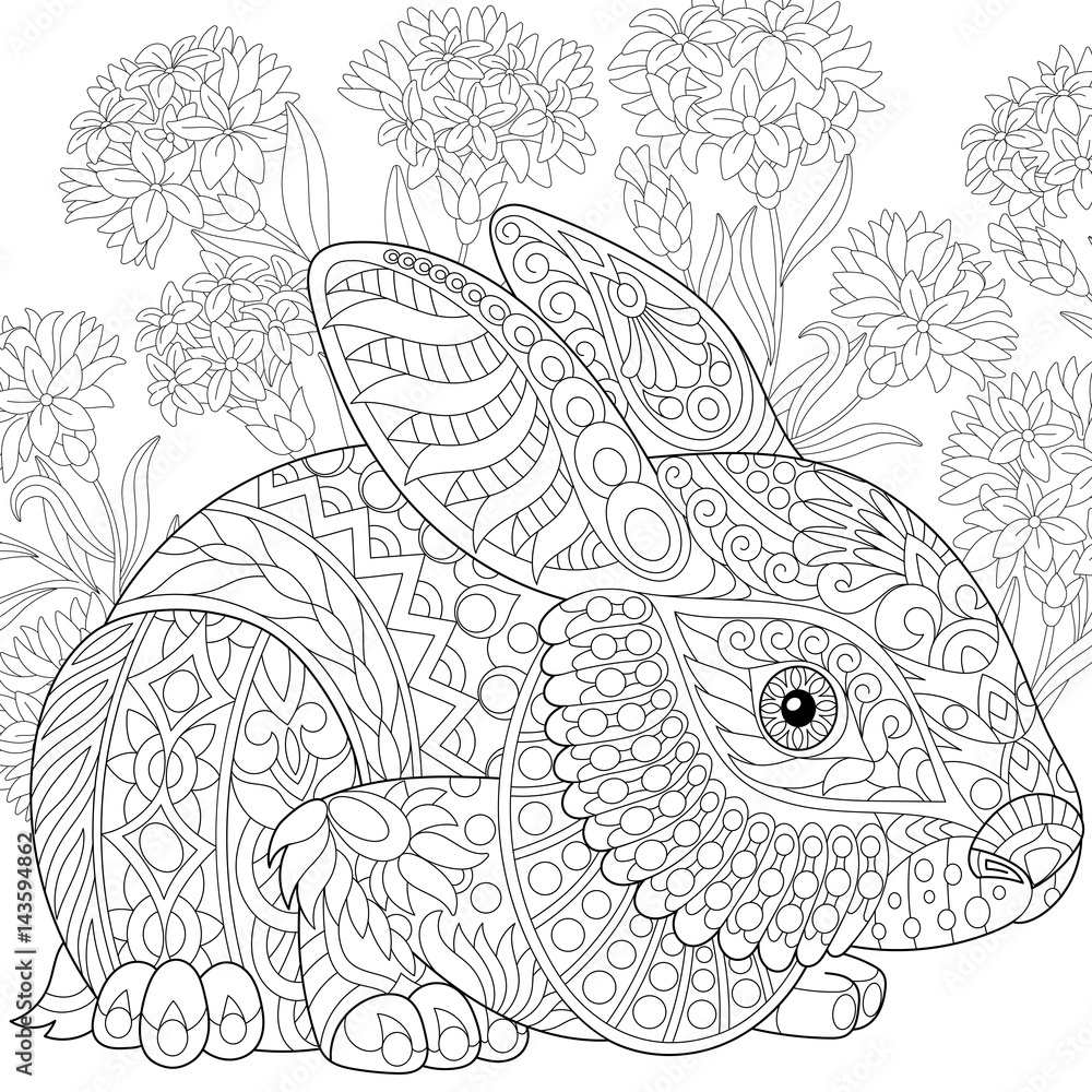 Stylized rabbit (bunny, hare) and cornflowers. Freehand sketch for adult anti stress coloring book p