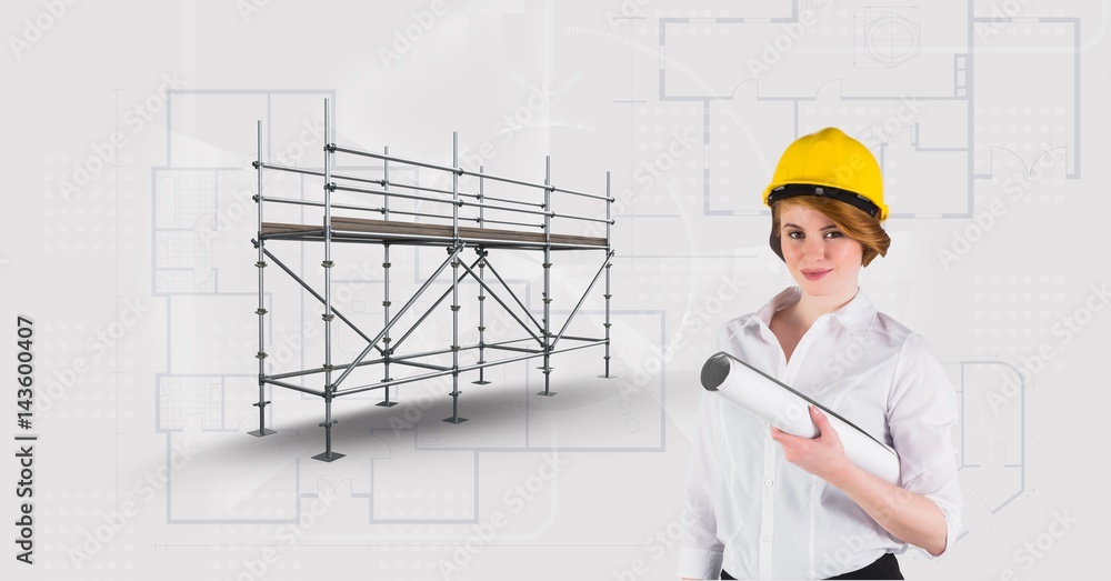 Architect woman besaide 3D scaffolding with blueprint background