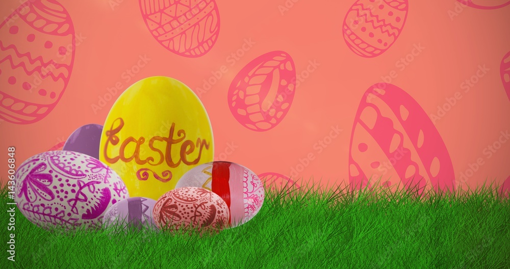 Composite image of multi colored patterned easter eggs