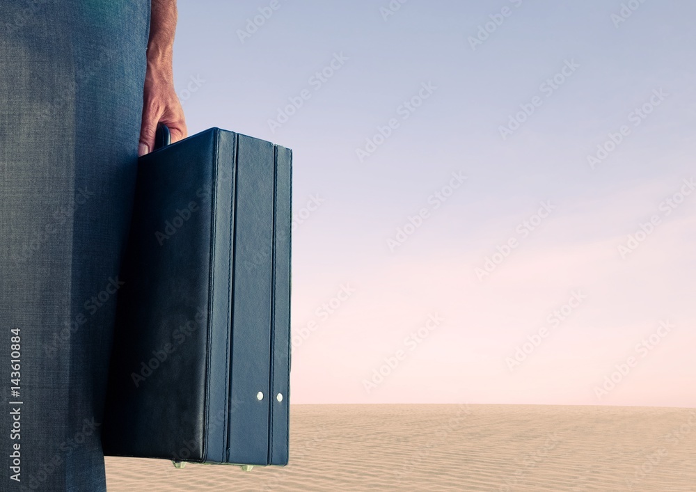 Businessman with briefcase with pink sky