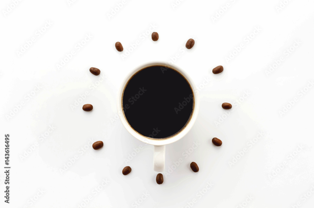 Coffee cup on saucer and coffee beans against white background forming clock dial. offee as symbol o