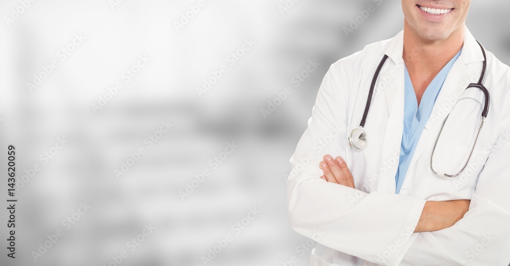 Doctor in the stairs of the hospital. Blurred background