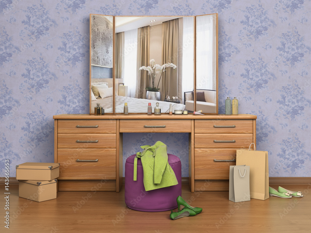 room with console mirror, boxes and shoes, 3d illustration