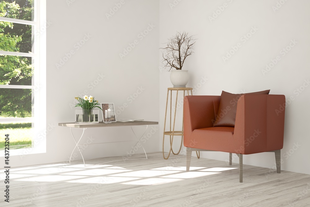 White room with armchair and green landscape in window. Scandinavian interior design. 3D illustratio