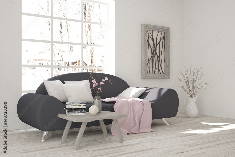 White modern room with sofa. Scandinavian interior design. 3D illustration