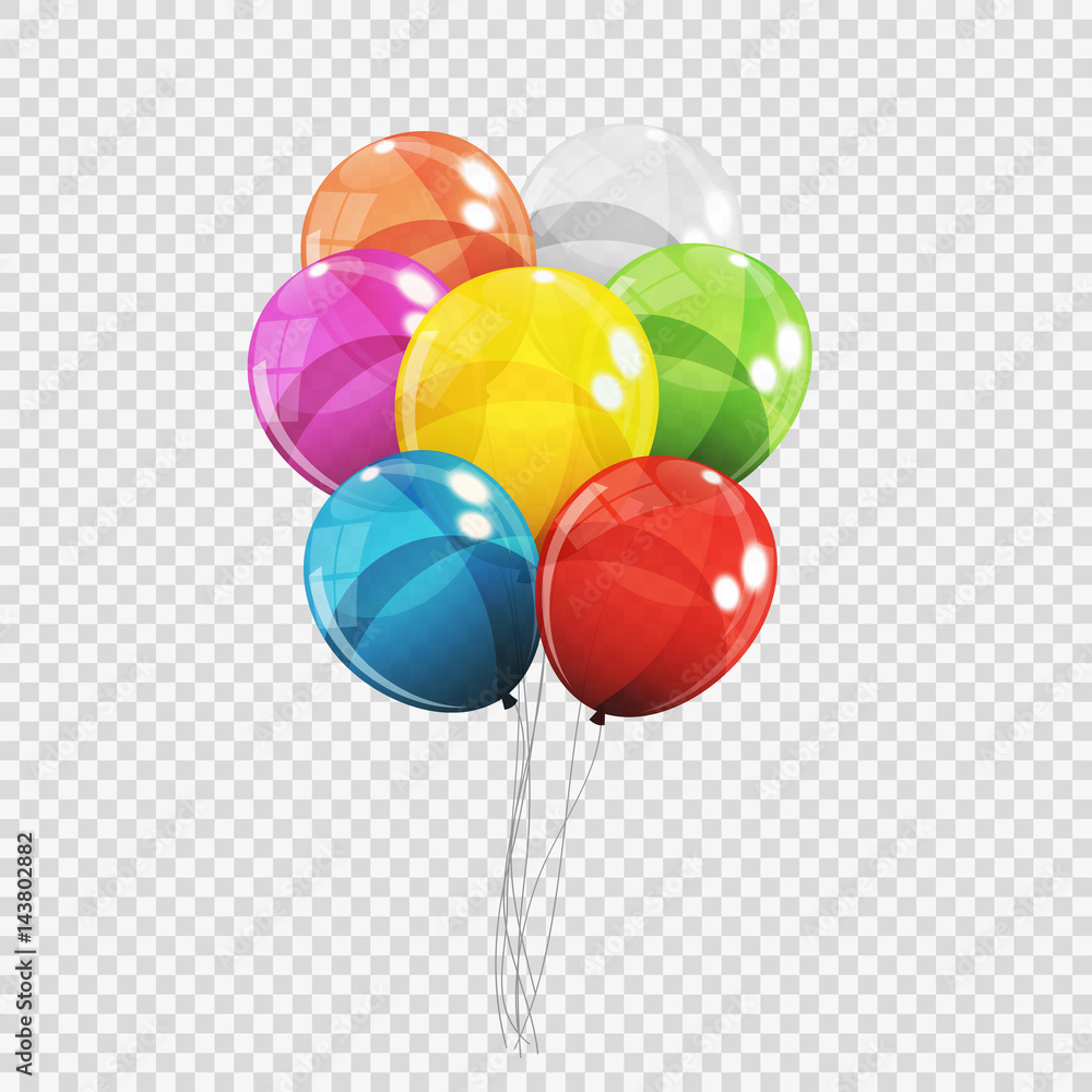 Group of Colour Glossy Helium Balloons Isolated on Transparent B