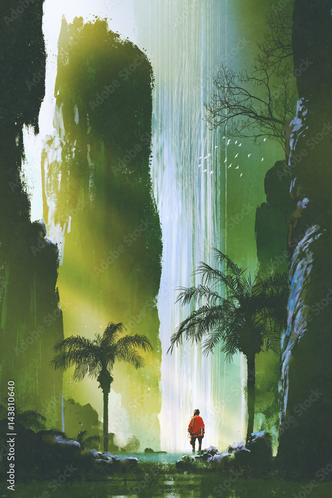 scenery of a man looking at the magnificent waterfall in rock cave with beautiful sun light,illustra