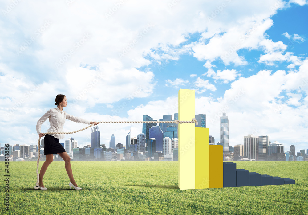 Businesswoman pulling arrow with rope and making it raise up