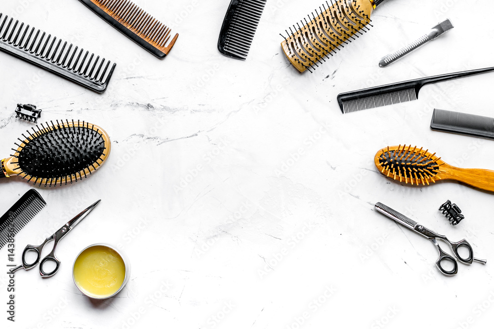 hairdresser working desk with tools on white background top view mock up