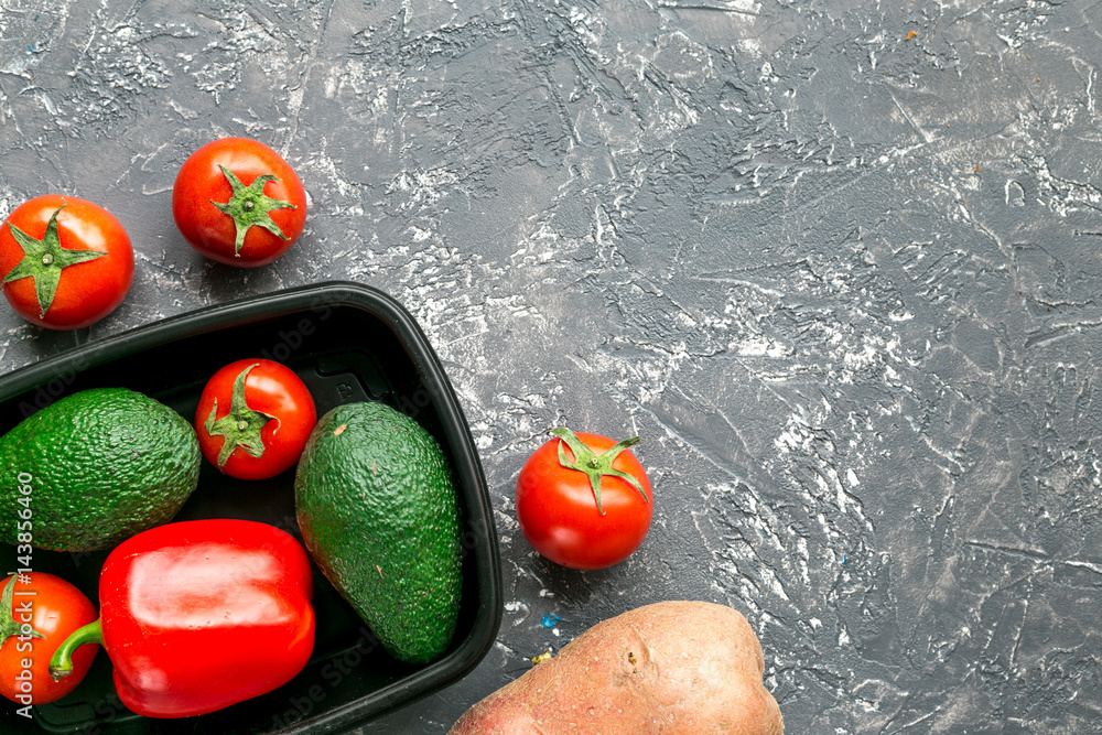 Store concept with vegetables and plastic tray table background top view mockup