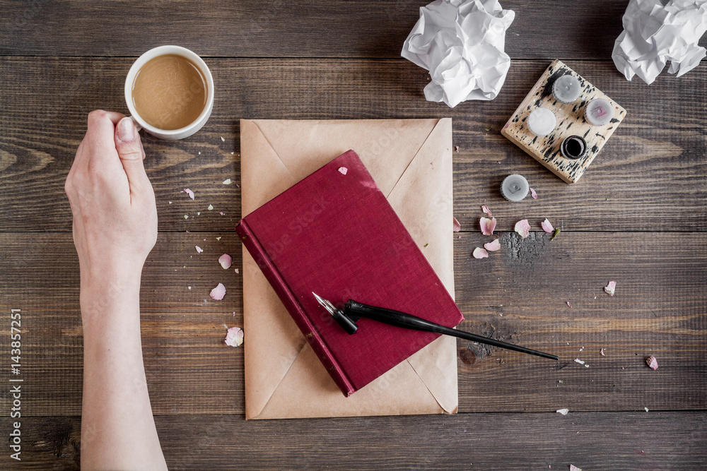 profession concept with writer tools on work desk background top view