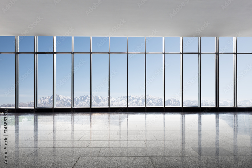 empty office with white snow mountains