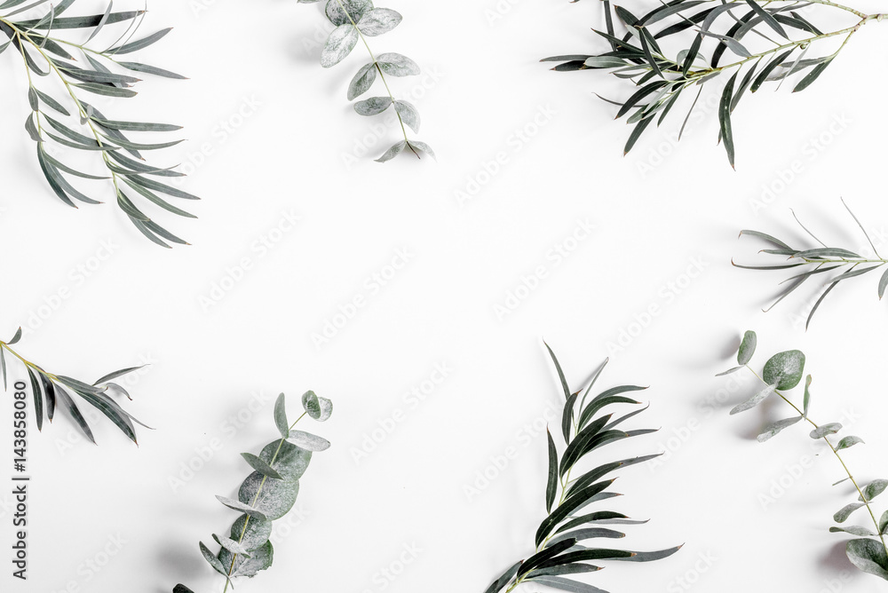 Trendy design with eucalyptus pattern on white background top view mock up