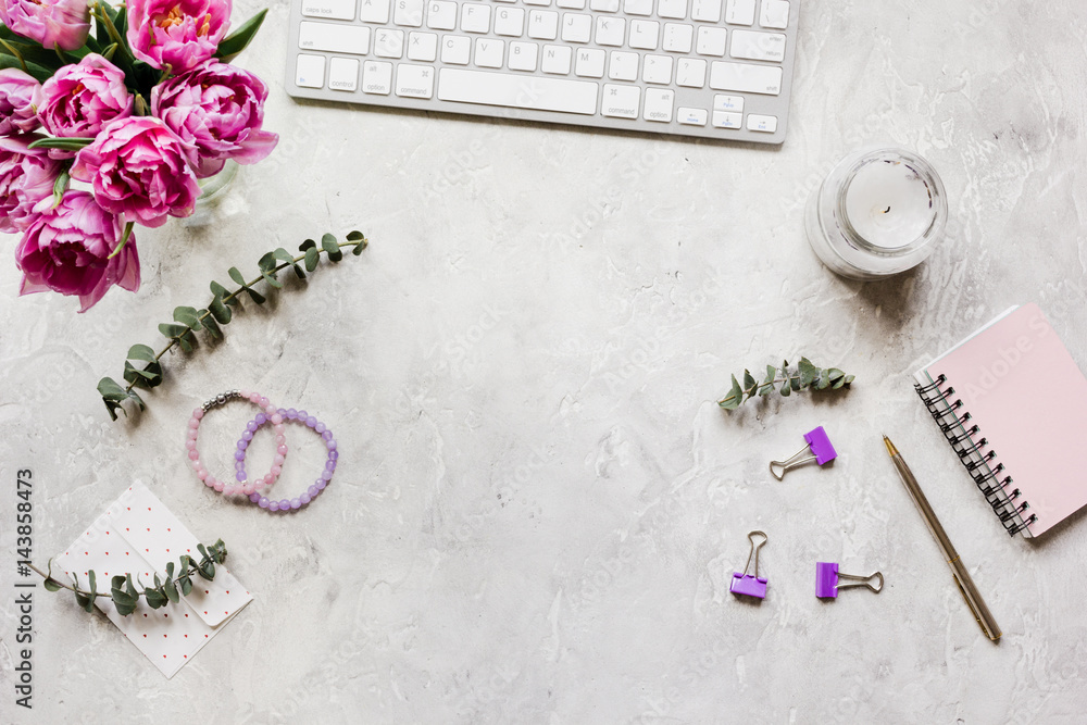 Trendy design of workdesk with blossom on white background top view mock-up