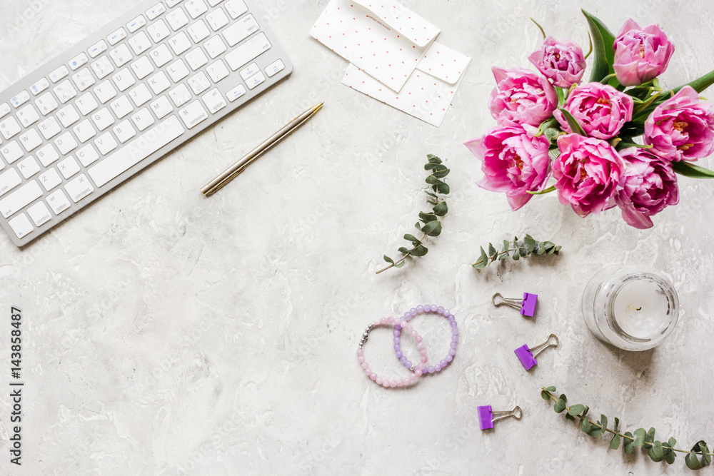 Work with flowers in home office concept top view space for text