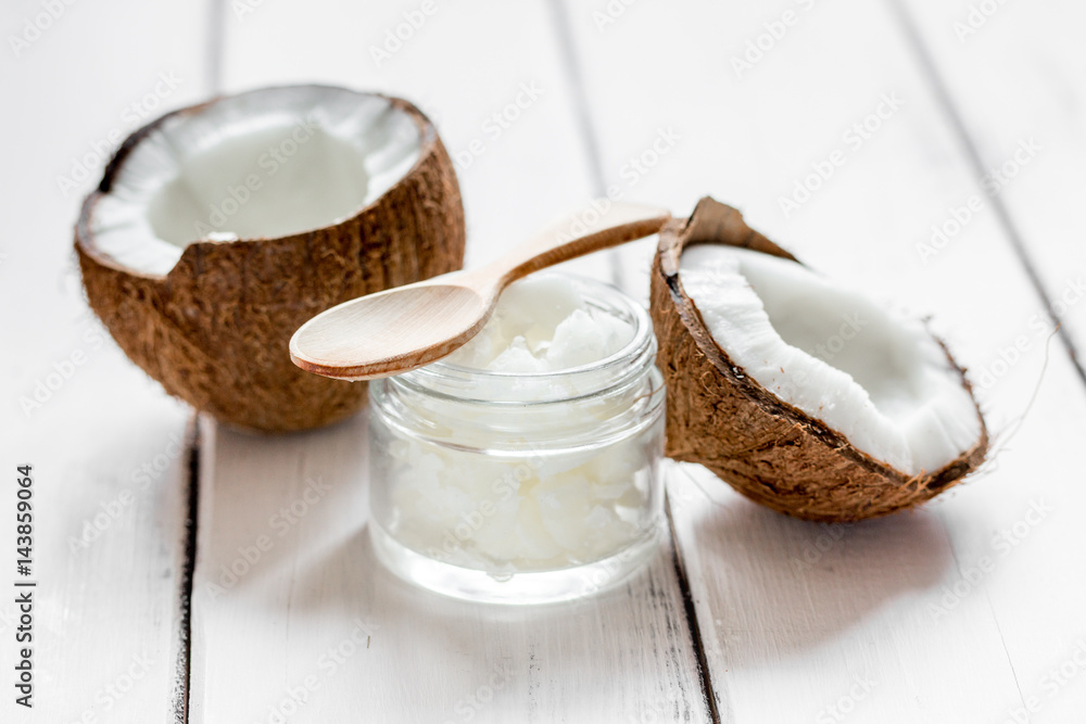 cosmetic concept with fresh coconuts on white table background mock up