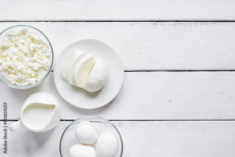 proteic breakfast concept with dairy products on table top view mockup