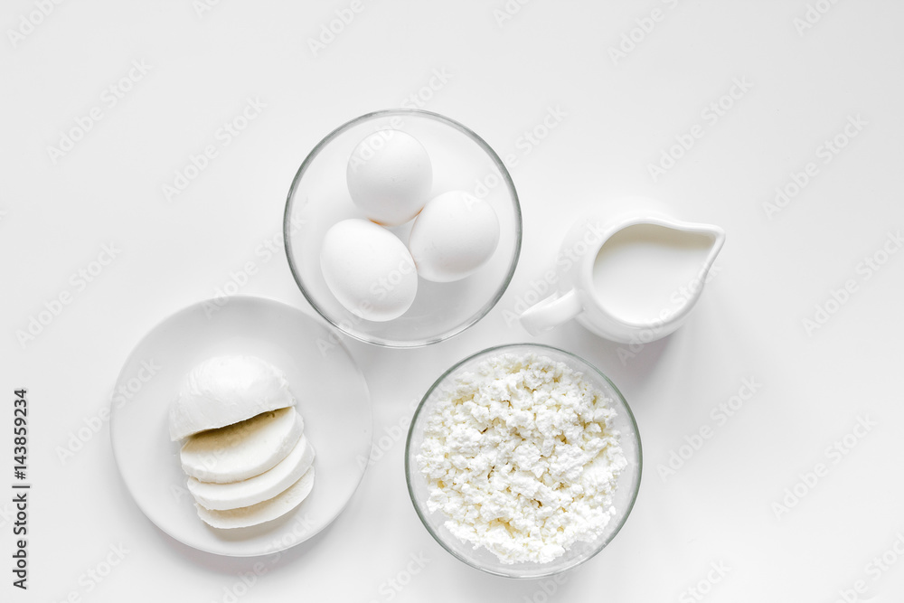 proteic breakfast concept with dairy products on table top view mock-up