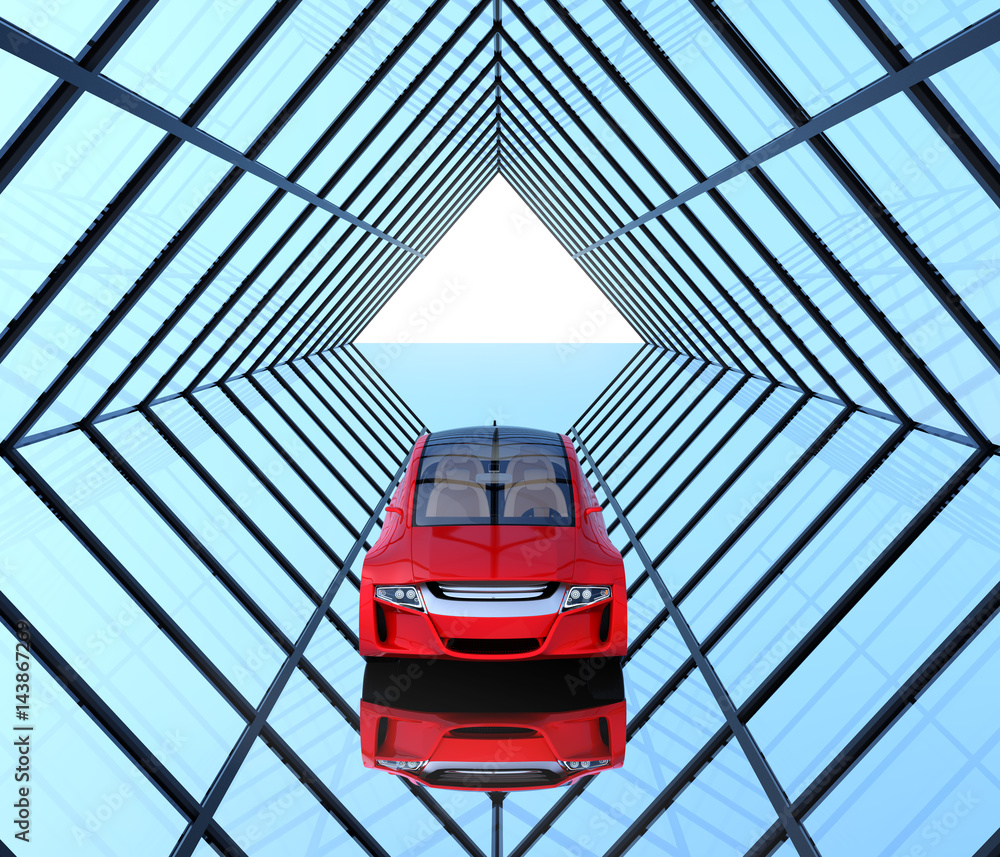 Metallic red car on triangulate shape background. 3D rendering image.