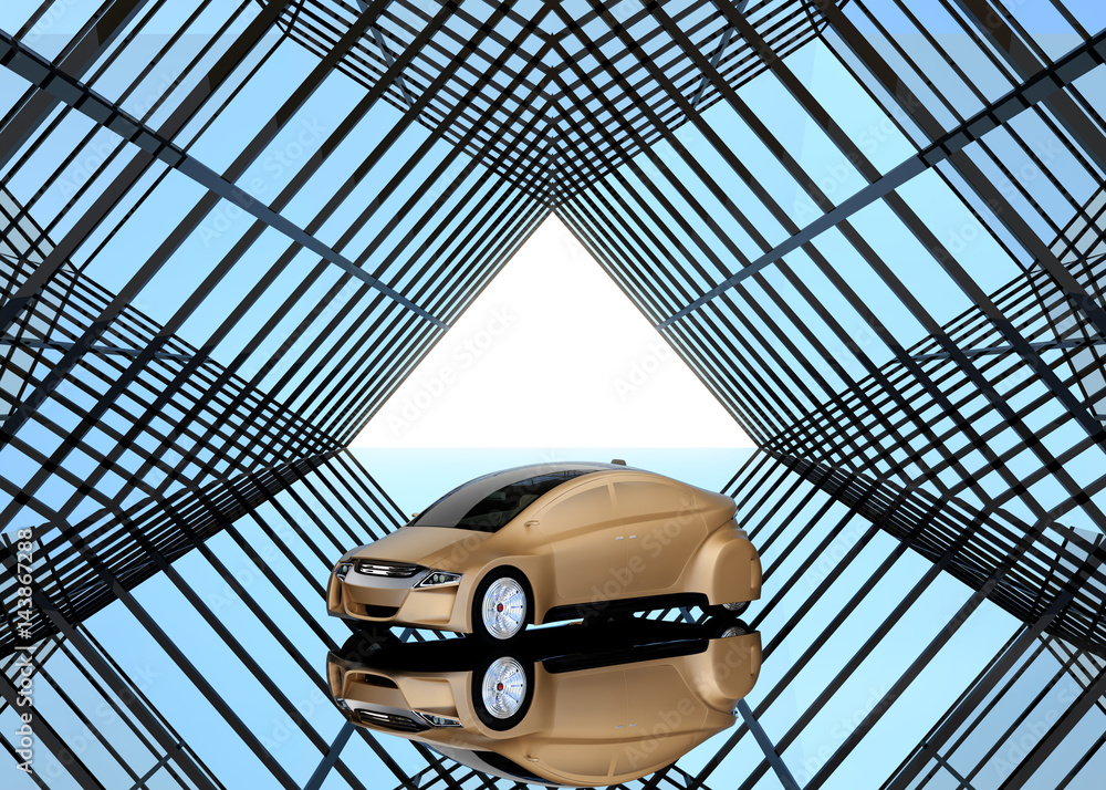 Champagne gold sedan on kaleidoscope style background. 3D rendering image.