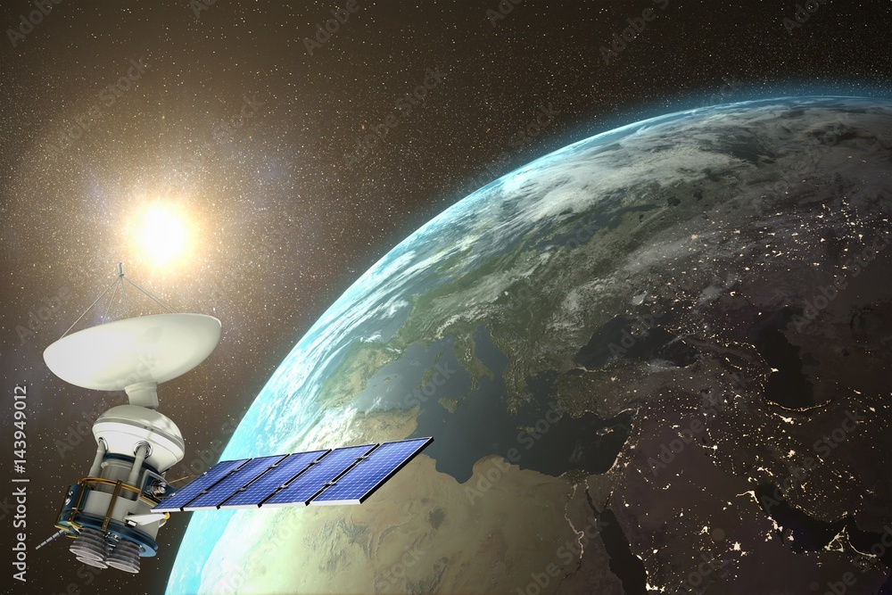 Composite image of low angle view of 3d solar powered satellite