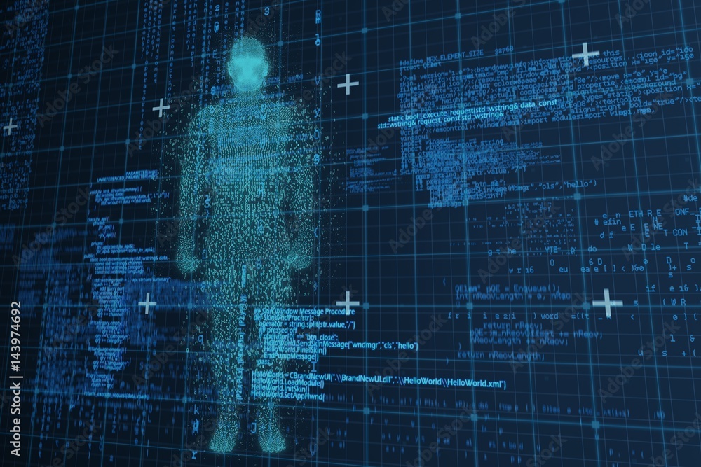 Composite image of full length of pixelated digital 3d man