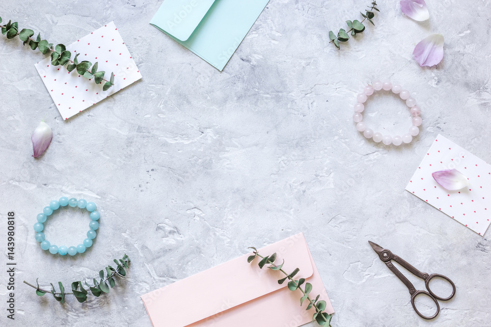 cards and envelopes in holiday concept on gray background top view mockup