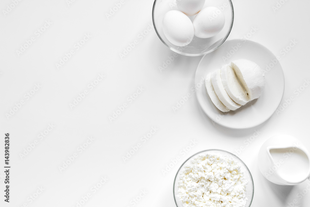 dairy products for proteic meal on white background top view mock up