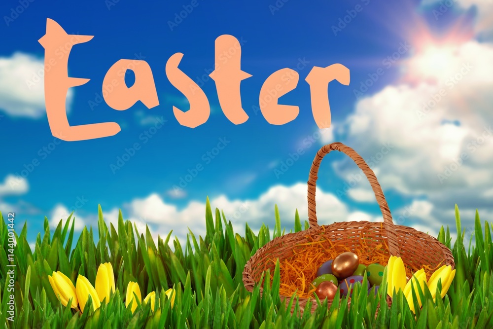 Composite image of easter eggs in paper nest basket