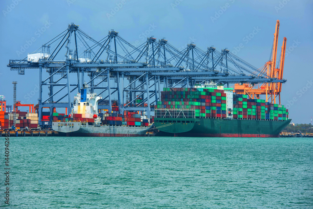 container ship in import export and business logistic.By crane ,Trade Port , Shipping, cargo to harb