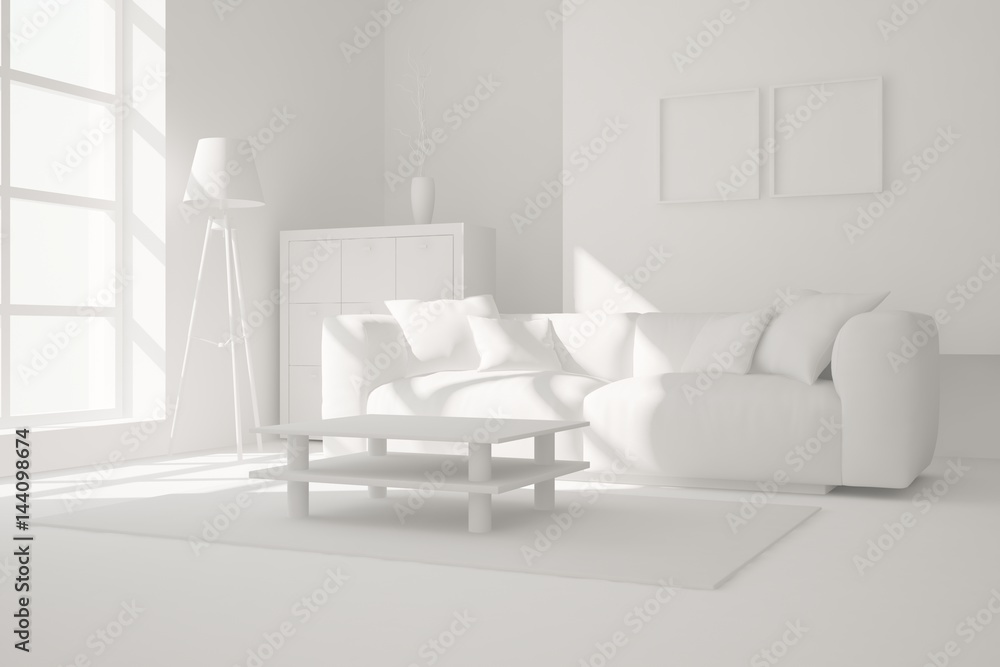 White room with sofa. Scandinavian interior design. 3D illustration