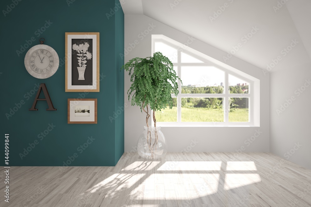 White empty room with green landscape in window. Scandinavian interior design. 3D illustration