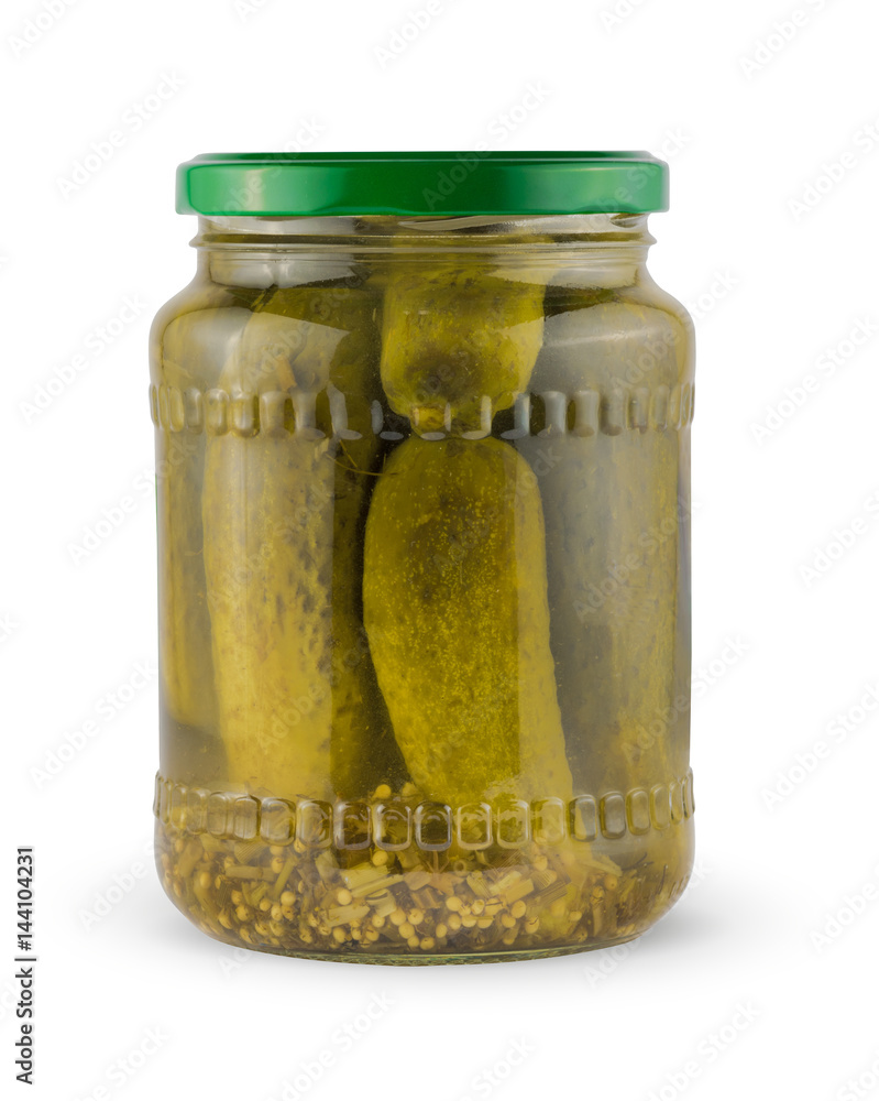 Pickles in a glass jar isolated on a white background with clipping path. Package.