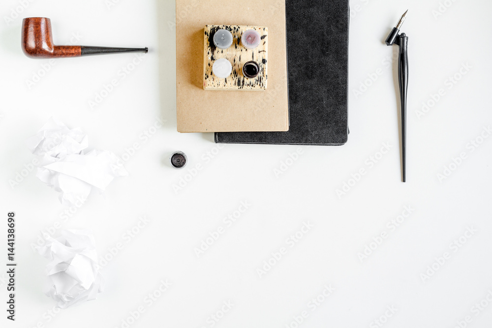 Writer workplace with tools on white background top view mock up