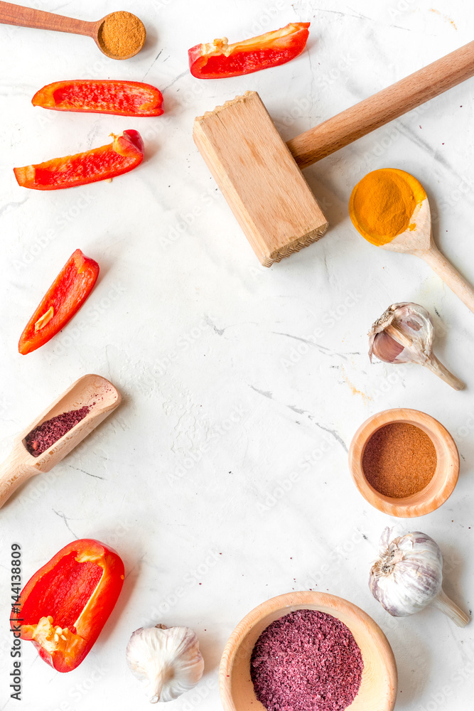 composition of cooking tools and spices on kitchen table top view mockup