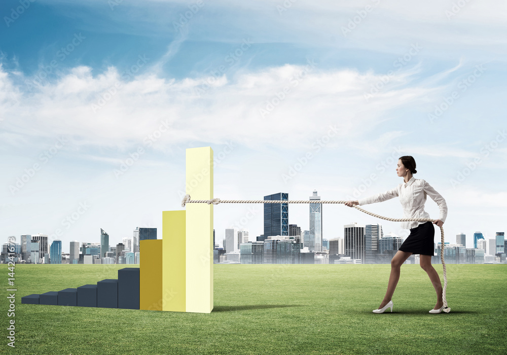 Businesswoman pulling arrow with rope and making it raise up