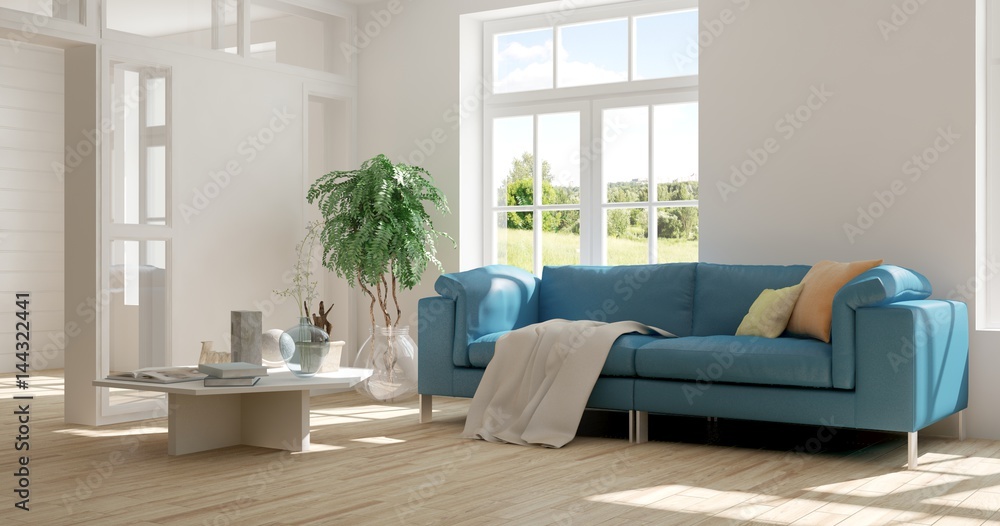 White room with sofa and green landscape in window. Scandinavian interior design. 3D illustration