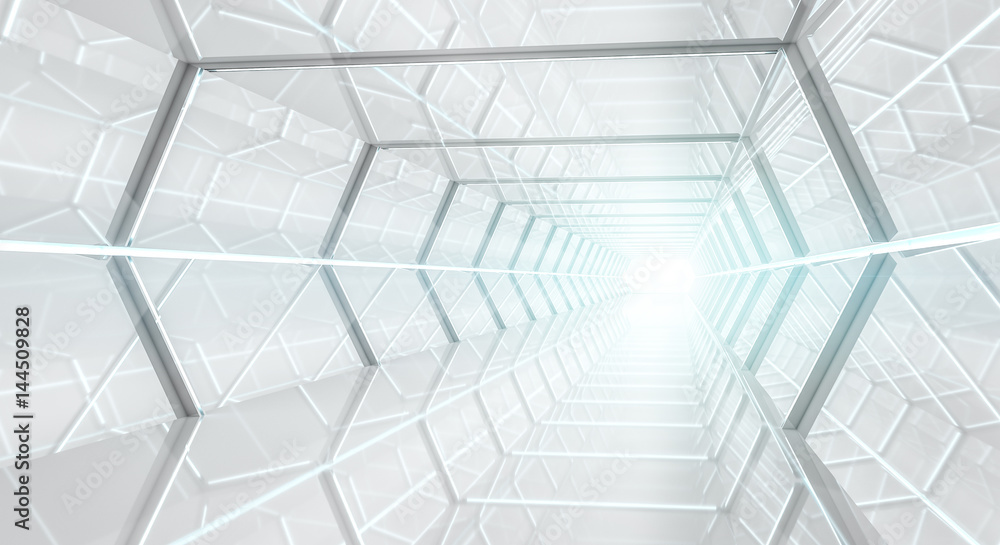 Bright futuristic spaceship corridor 3D rendering