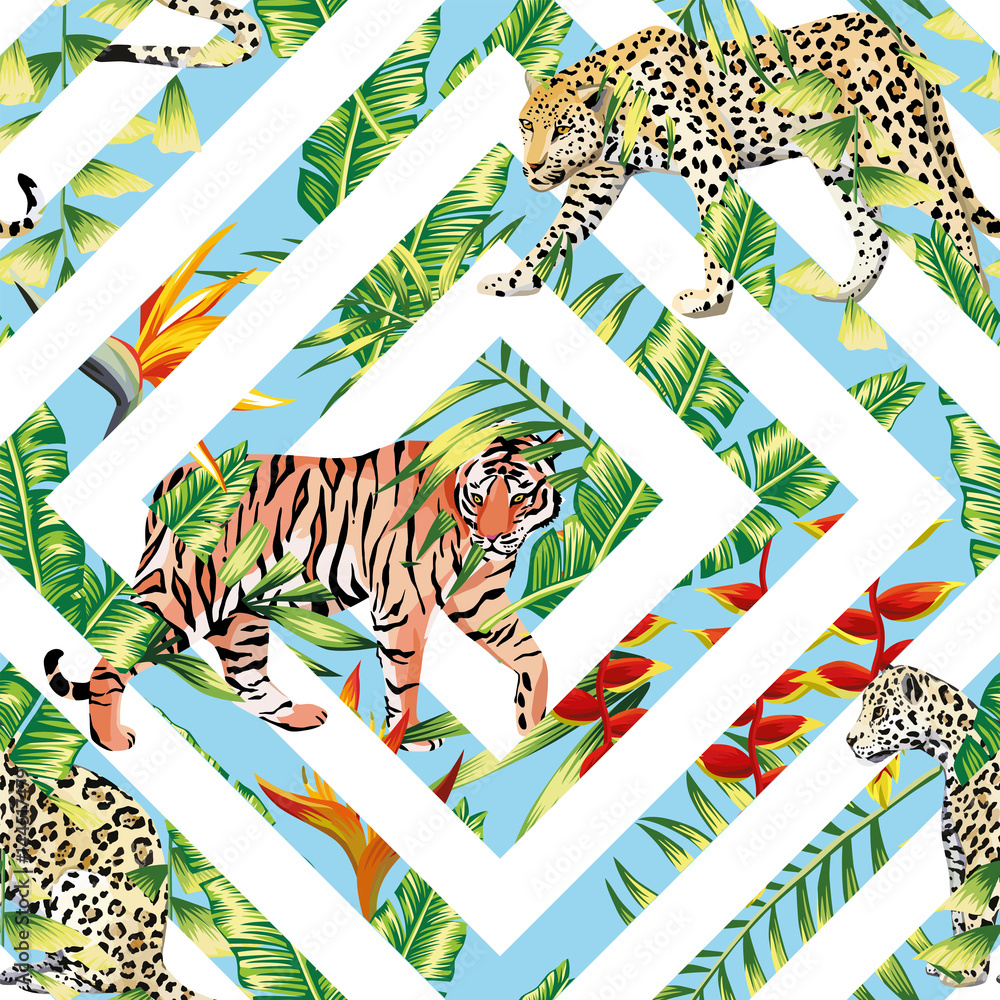 tiger leopard seamless tropical leaves geometrical background