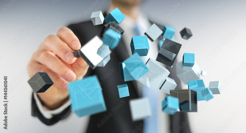 Businessman holding floating blue shiny cube network 3D rendering