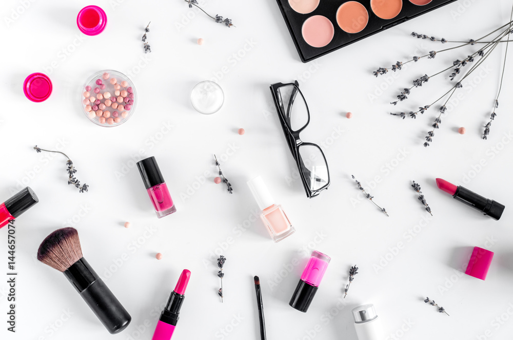 glasses and cosmetics on white woman table background top view