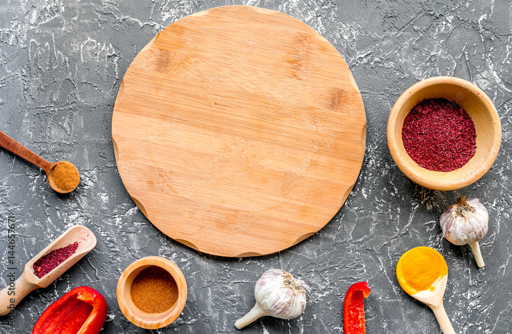 cooking tools in restoraunt concept on gray background top view