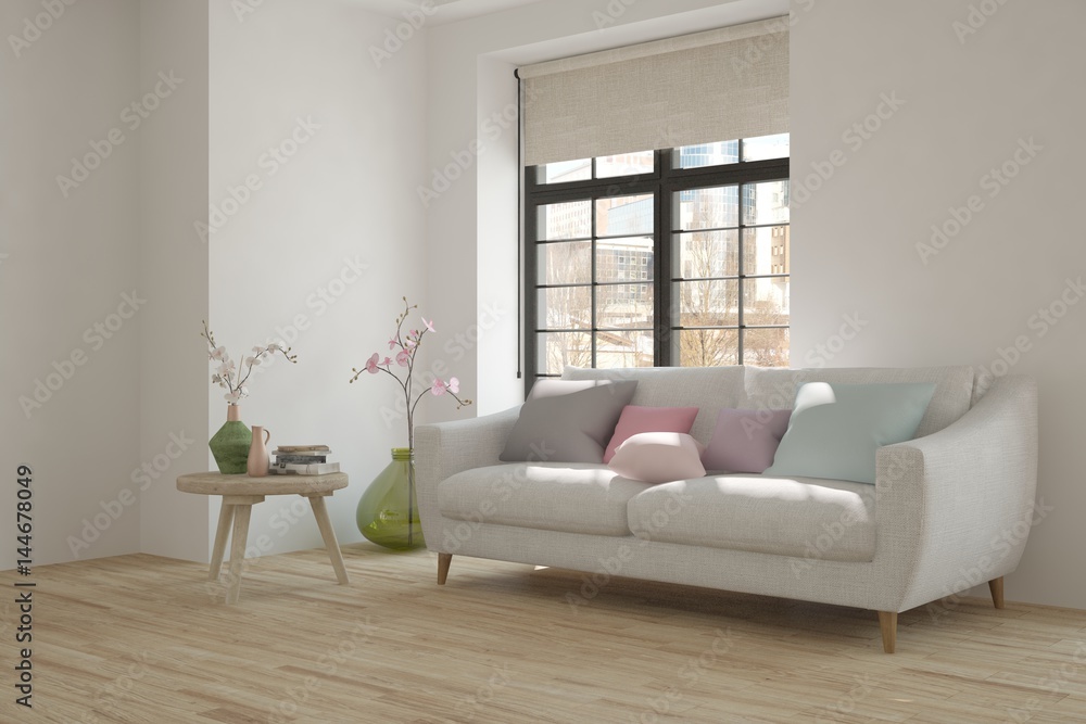 White room with sofa and winter landscape in window. Scandinavian interior design. 3D illustration