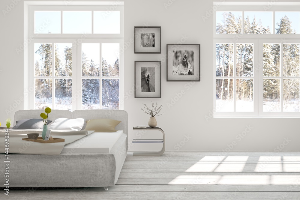 White bedroom with winter landscape in window. Scandinavian interior design. 3D illustration