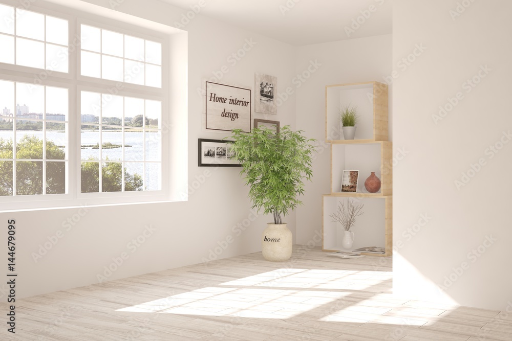 White empty room with green landscape in window. Scandinavian interior design. 3D illustration