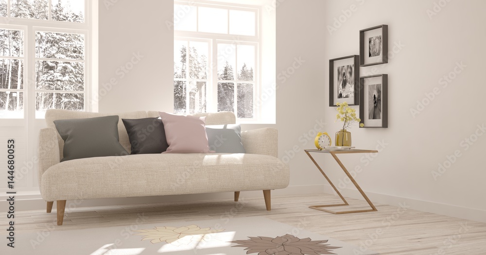 White room with sofa and winter landscape in window. Scandinavian interior design. 3D illustration