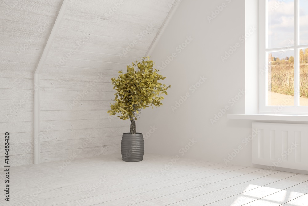 White empty room with autumn landscape in window. Scandinavian interior design. 3D illustration