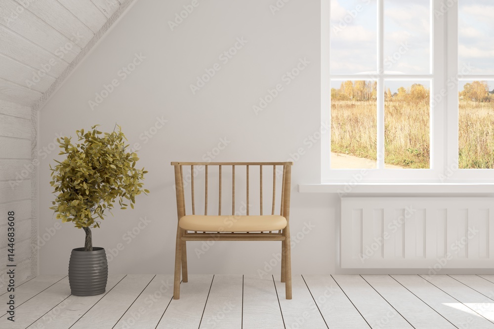 White room with chair and autumn landscape in window. Scandinavian interior design. 3D illustration