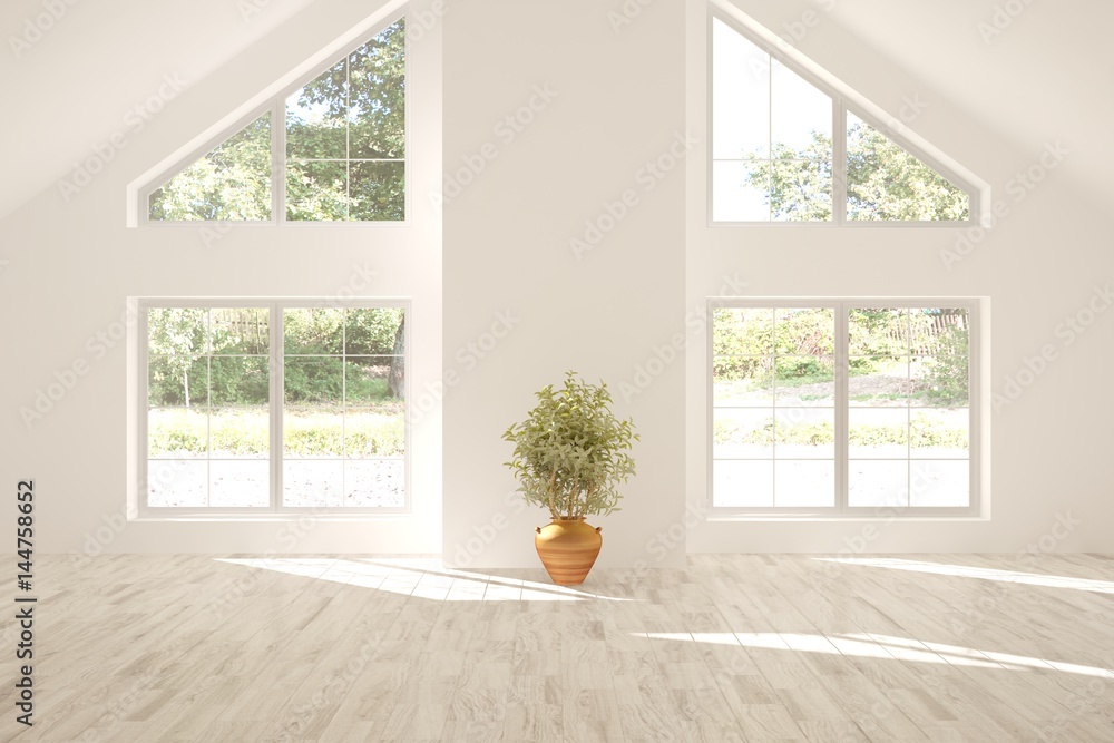 White empty room with summer landscape in window. Scandinavian interior design. 3D illustration